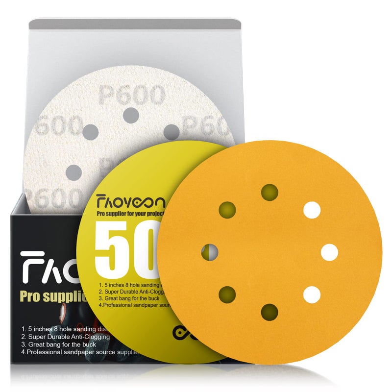 Faoyoon 5 Inch Sanding Discs Hook and Loop | 600 Grit Sandpaper | Orbital Sander Pads | Sand Paper for Automotive and Woodworking | 50 Pack - Image 1